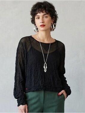 Babette San Francisco Black Pleated Crinkle Mesh Top Sheer Textured XS Lagenlook